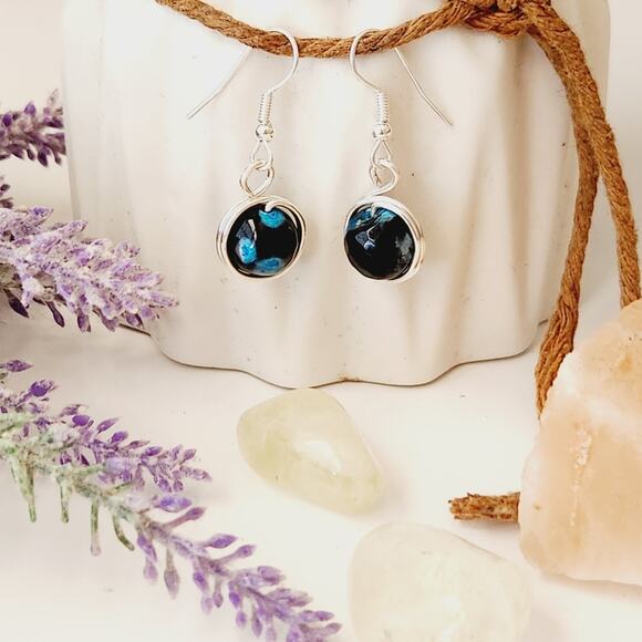 Blue Round Agate Stone Earrings, Silver-Plated Wire Wrapped Dangle Earrings - Picture 8 of 10